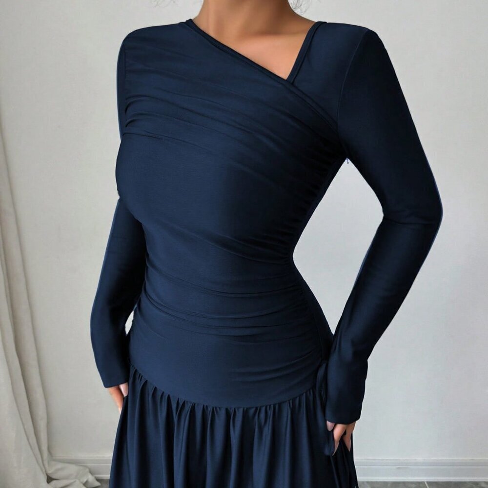 Royal Elegant Women's Oblique Collar Long Sleeve Pleated A-Line Long Dress - Picture 4 of 8
